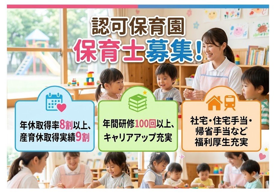認可保育園　保育士募集　年休取得率8割以上　産休取得率9割　年間研修100回以上　キャリアアップ充実　社宅・住宅手当・帰省手当など福利厚生充実