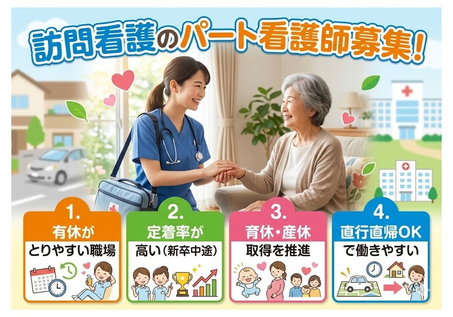 訪問看護のパート看護師募集　有給が取りやすい環境　定着率が高い　育休・産休取得を推進　直行直帰OKで働きやすい　