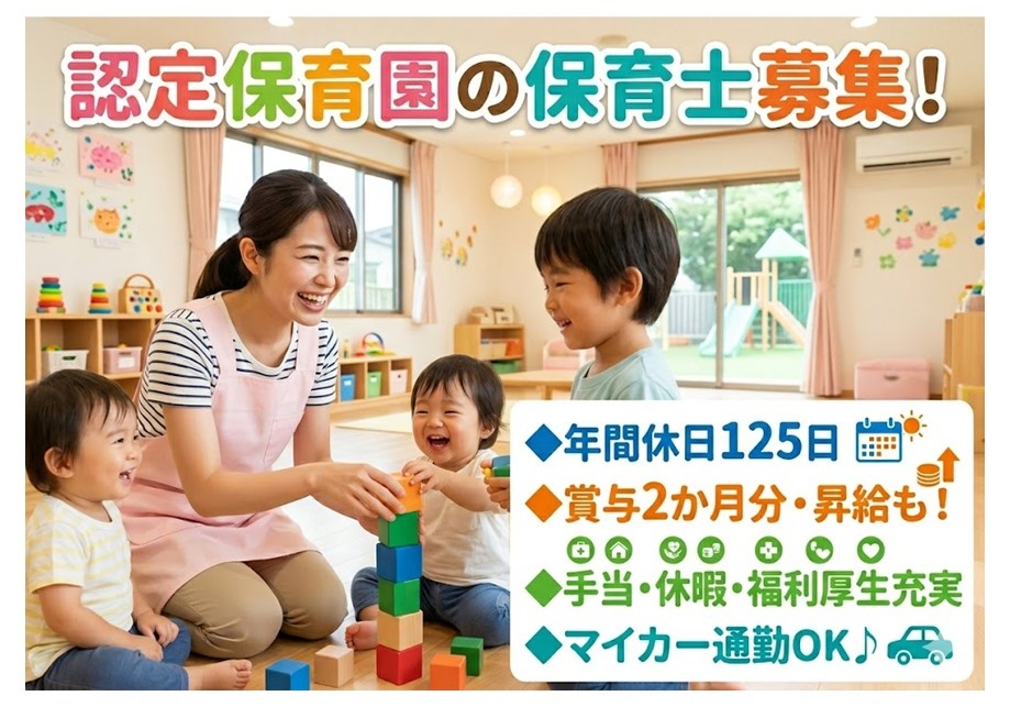 認定保育園の保育士募集　年間休日125日　賞与年2ヶ月分・昇給も　手当・休暇・福利厚生充実　マイカー通勤OK　