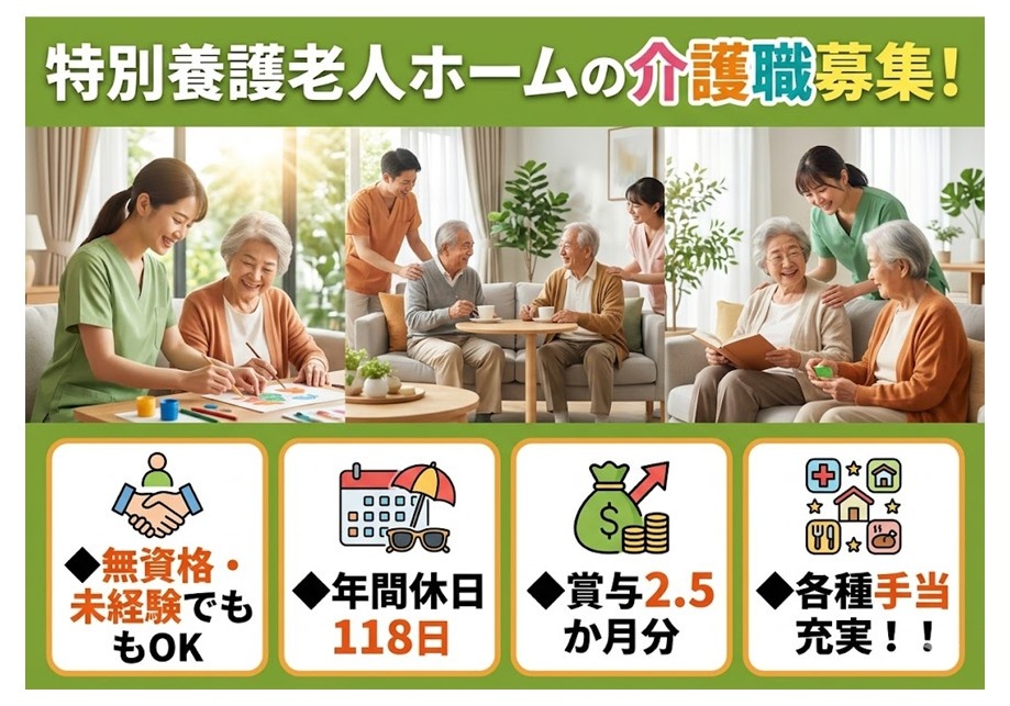 特養　介護職募集　無資格・未経験でもOK　年間休日118日　賞与2.5ヶ月分　各種手当充実