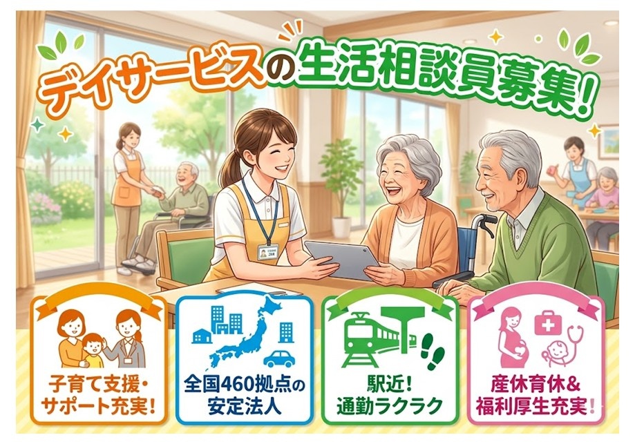デイサービスの生活相談員募集　子育て支援・サポート充実　全国460拠点の安定法人　駅近！通勤ラクラク　産休育休＆福利厚生充実