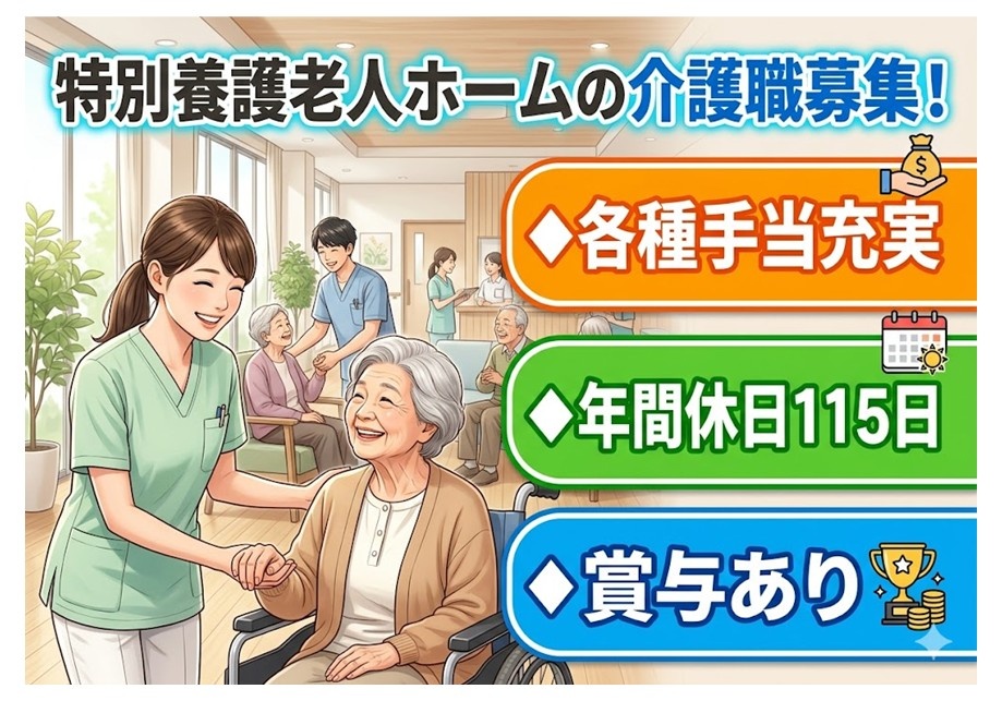 特養　介護職募集　各種手当充実　年間休日115日　賞与あり
