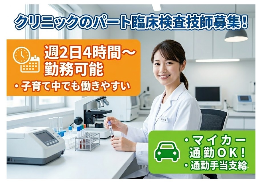 クリニックのパート臨床検査技師募集　週2日4時間～勤務可能　子育て中でも働きやすい　マイカー通勤OK　通勤手当支給