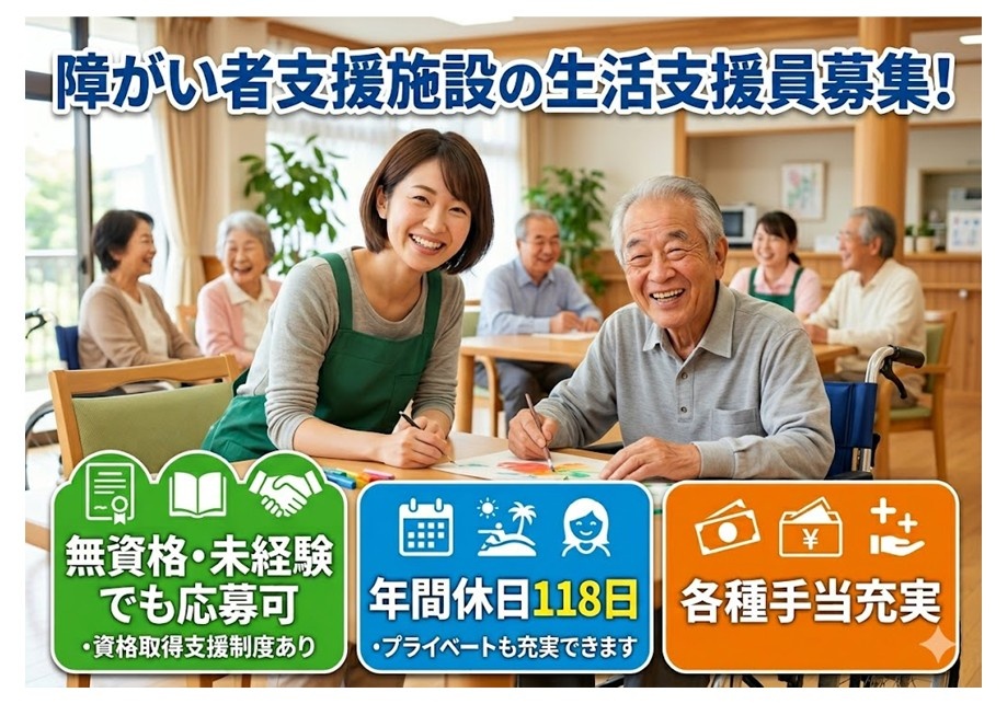 障がい者支援施設の生活支援員募集　無資格・未経験でも応募可　資格取得支援制度あり　年間休日118日　プライベートも充実できます　各種手当充実