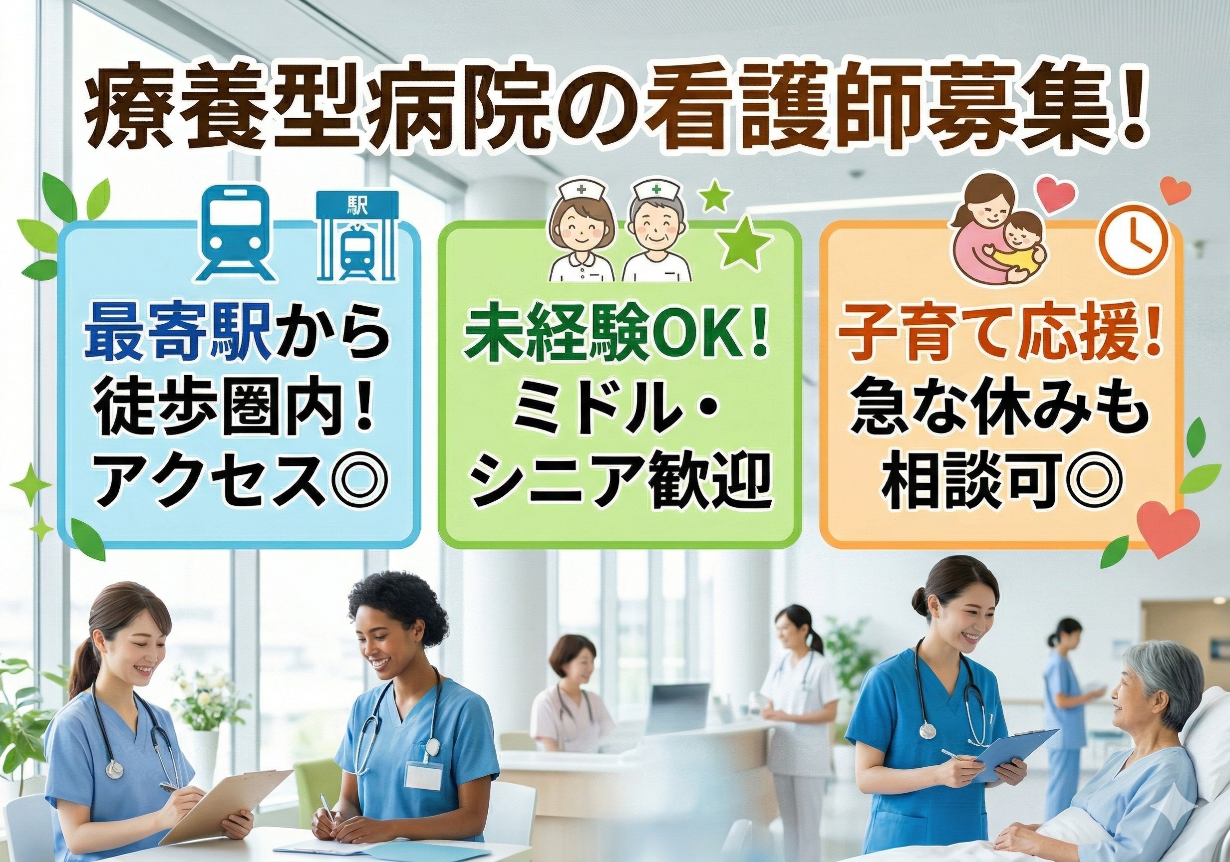 療養型病院の看護師募集！急なお休みも相談可能！最寄駅から徒歩圏内！