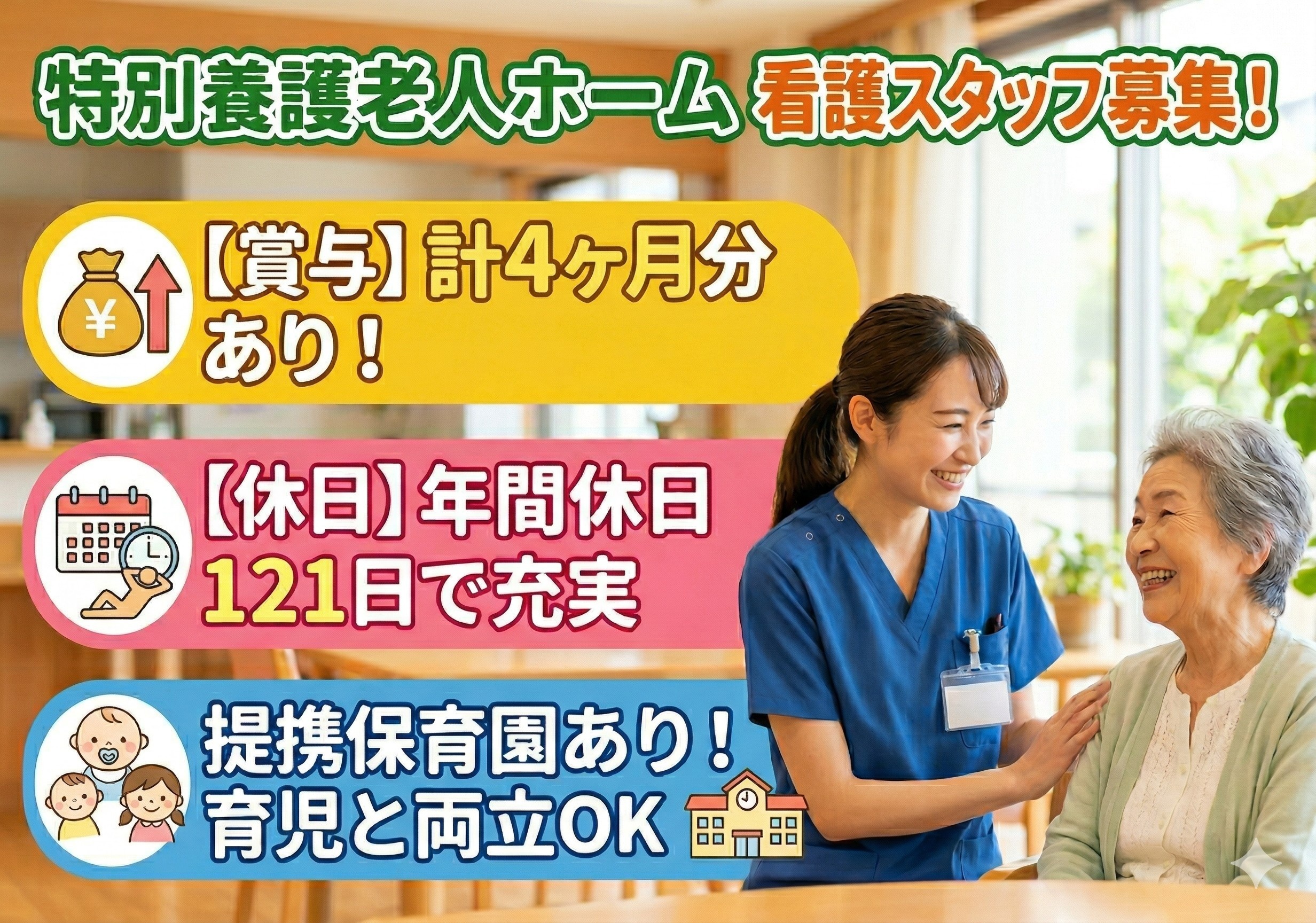 特別養護老人ホームの看護スタッフ募集！年間休日121日！連携保育園あります！