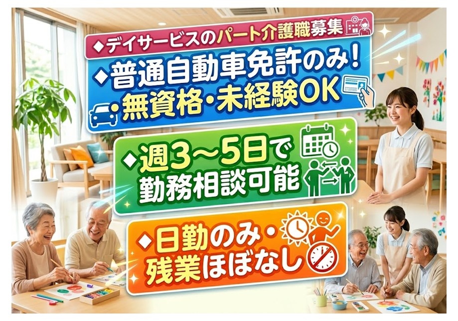 デイサービスのパート介護職募集　普通自動車免許のみ　無資格・未経験OK　週3日～の勤務可能