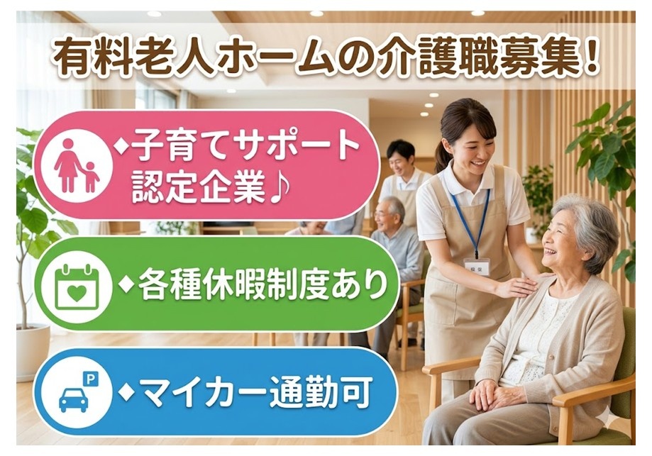 有料老人ホームの介護職募集　子育てサポート認定企業　各種休暇制度あり　マイカー通勤可