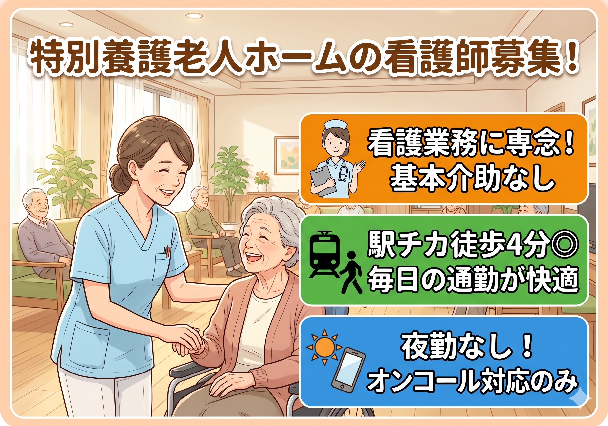 特別養護老人ホームの看護師募集！夜勤なし！看護業務に専念できます！駅チカで通勤快適！