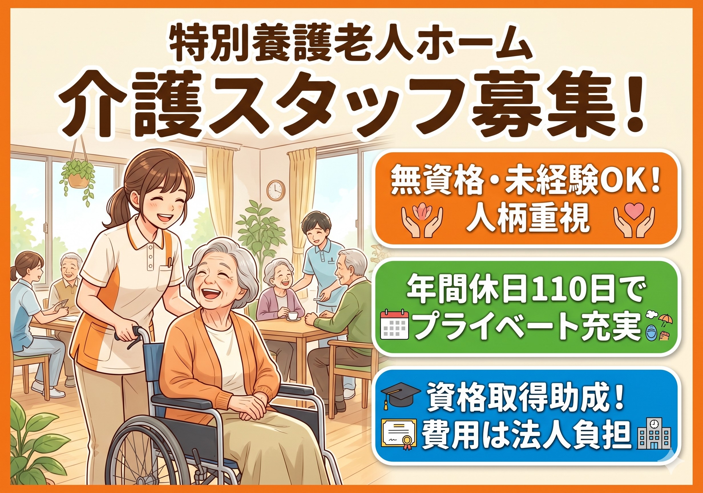特別養護老人ホームの介護スタッフ募集！無資格・未経験の方も応募可！資格取得支援制度あります！