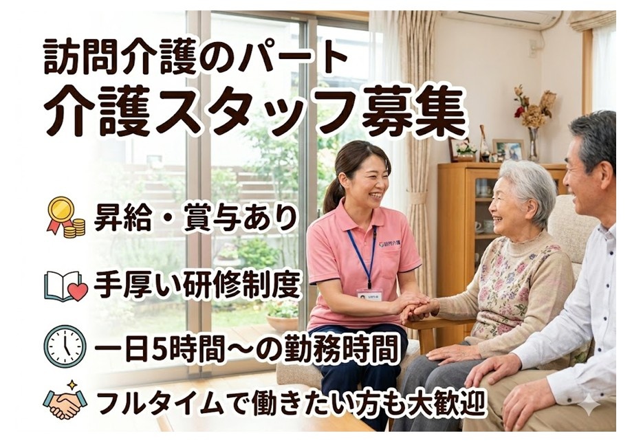 訪問介護のパート介護スタッフ募集　昇給賞与あり　手厚い研修制度　一日5時間～の勤務時間　フルタイム歓迎