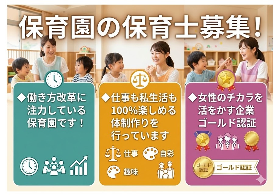 保育園の保育士募集　働き方改革の注力している保育園です　仕事も私生活も100％楽しめる体制づくりを行っています