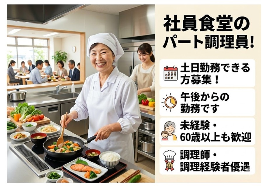 社員食堂のパート調理員　土日勤務できる方募集！　午後からの勤務です　未経験・60歳以上も歓迎　調理師・調理経験者優遇