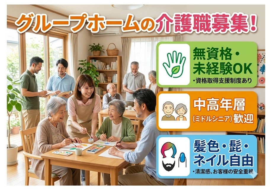 グループホームの介護職募集　無資格・未経験OK　ミドルシニア歓迎　髪色・髭・ネイル自由