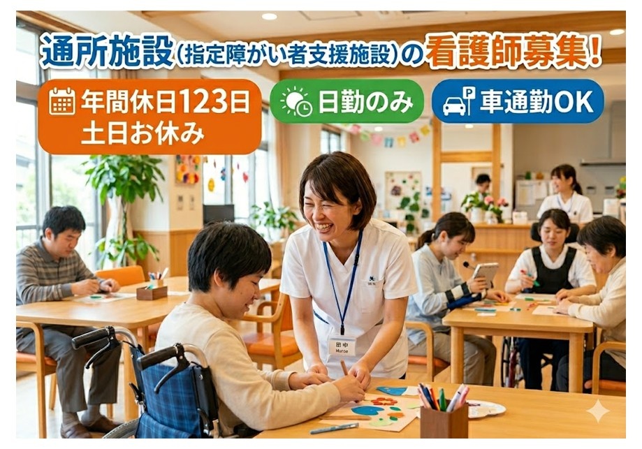 指定障がい者支援通所施設の看護師募集　年間休日123日　土日お休み　日勤のみ　車通勤OK
