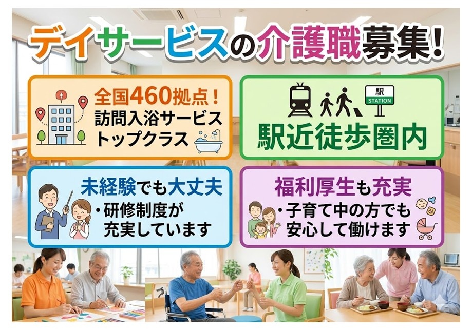 デイサービスの介護職募集　駅近徒歩圏内　未経験でも大丈夫・研修制度が充実しています　福利厚生も充実・子育て中でも安心