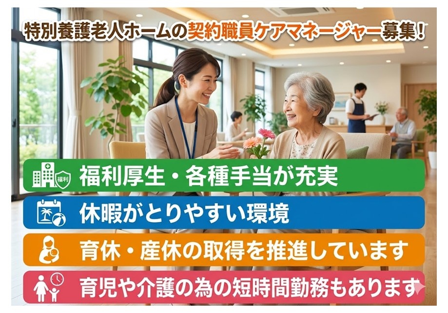 特養　ケアマネ（契約職員）募集　福利厚生・各種手当充実　休暇が取りやすい環境　育休・産休の取得を推進　育児や介護の為の短時間勤務あり