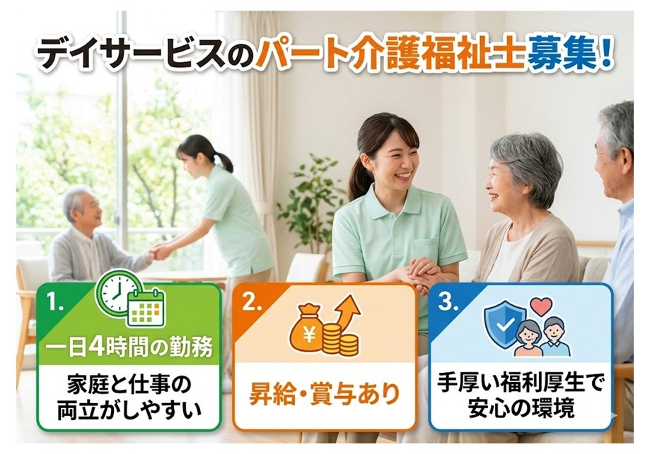 デイサービスのパート介護福祉士募集　一日4時間の勤務　昇給・賞与あり　手厚い福利厚生で安心の環境