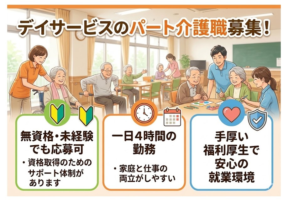 デイサービスのパート介護職募集　無資格・未経験でも応募可　資格取得の為のサポート体制があります　一日4時間の勤務　手厚い福利厚生
