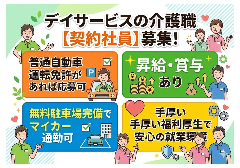 デイサービスの介護職(契約社員）募集　普通自動車免許があれば応募可　昇給賞与あり　マイカー通勤OK　手厚い福利厚生