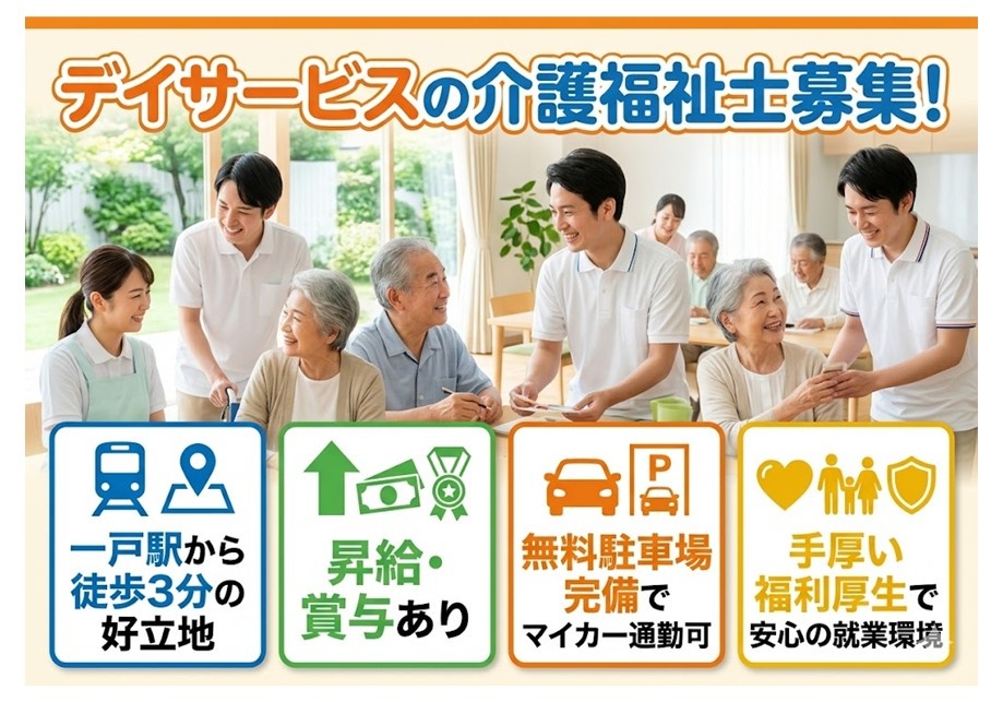 デイサービスの介護福祉士募集　一戸駅から徒歩3分の好立地　昇給賞与あり　マイカー通勤OK　手厚い福利厚生