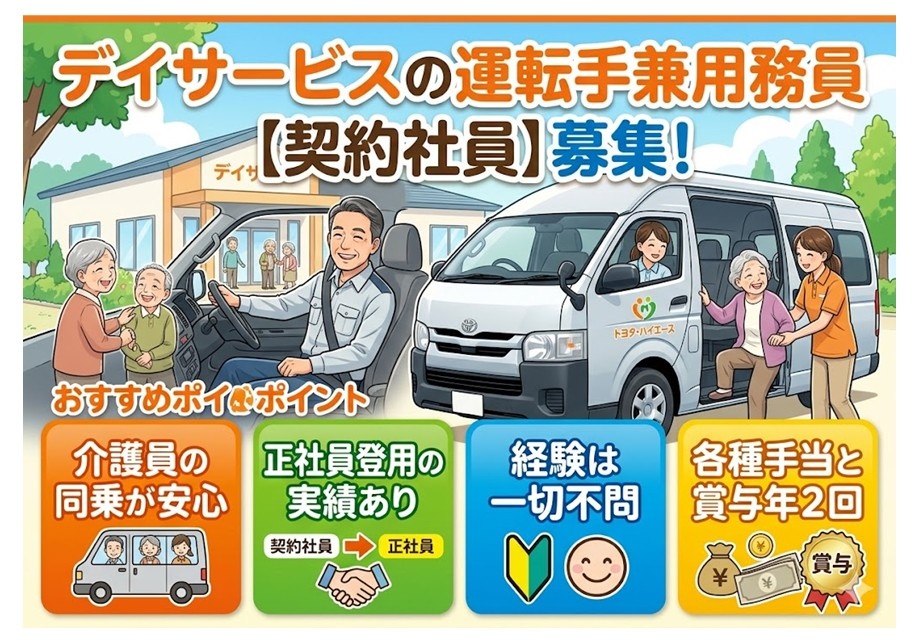 デイサービスの運転手…用務員（契約社員）募集　介護員同乗で安心　正社員登用の実績あり　経験は一切不問　各種手当と賞与年2回