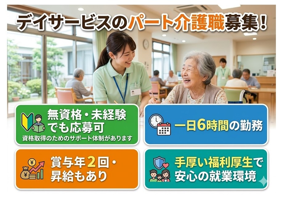 デイサービスのパート介護職募集　無資格・未経験でも応募可　一日6時間の勤務　賞与年2回・昇給もあり　手厚い福利厚生