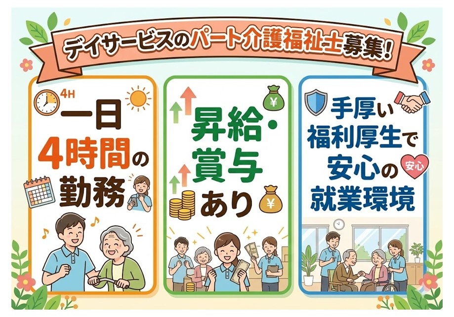 デイサービスのパート介護福祉士募集　一日4時間の勤務　昇給・賞与あり　手厚い福利厚生で安心の環境