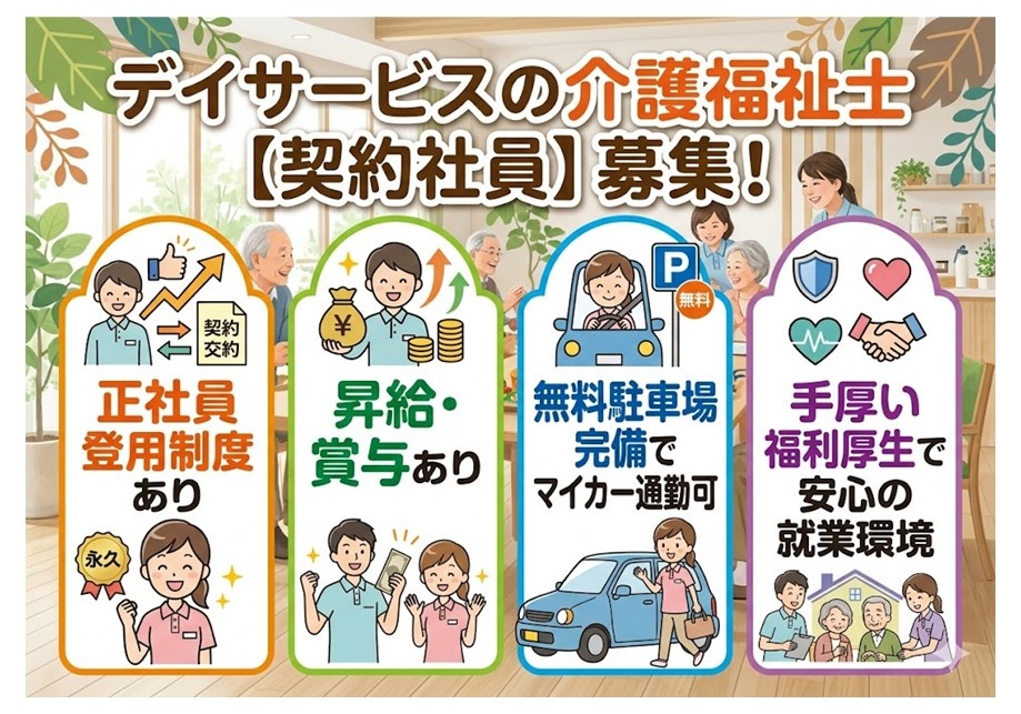 デイサービスの介護福祉士（契約社員）募集　正社員登用制度あり　昇給賞与あり　マイカー通勤可　手厚い福利厚生
