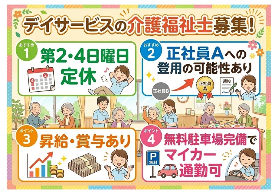 デイサービスの介護福祉士募集　第2・4日曜日定休　正社員Aへの登用の可能性あり　昇給賞与あり　マイカー通勤可