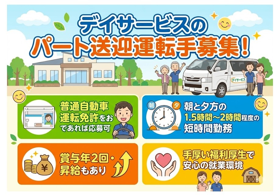 デイサービスのパート送迎運転手募集　普通自動車運転免許をお持ちであれば応募可　朝と夕方の1.5～2時間程度の短時間勤務　昇給賞与あり　手厚い福利厚生