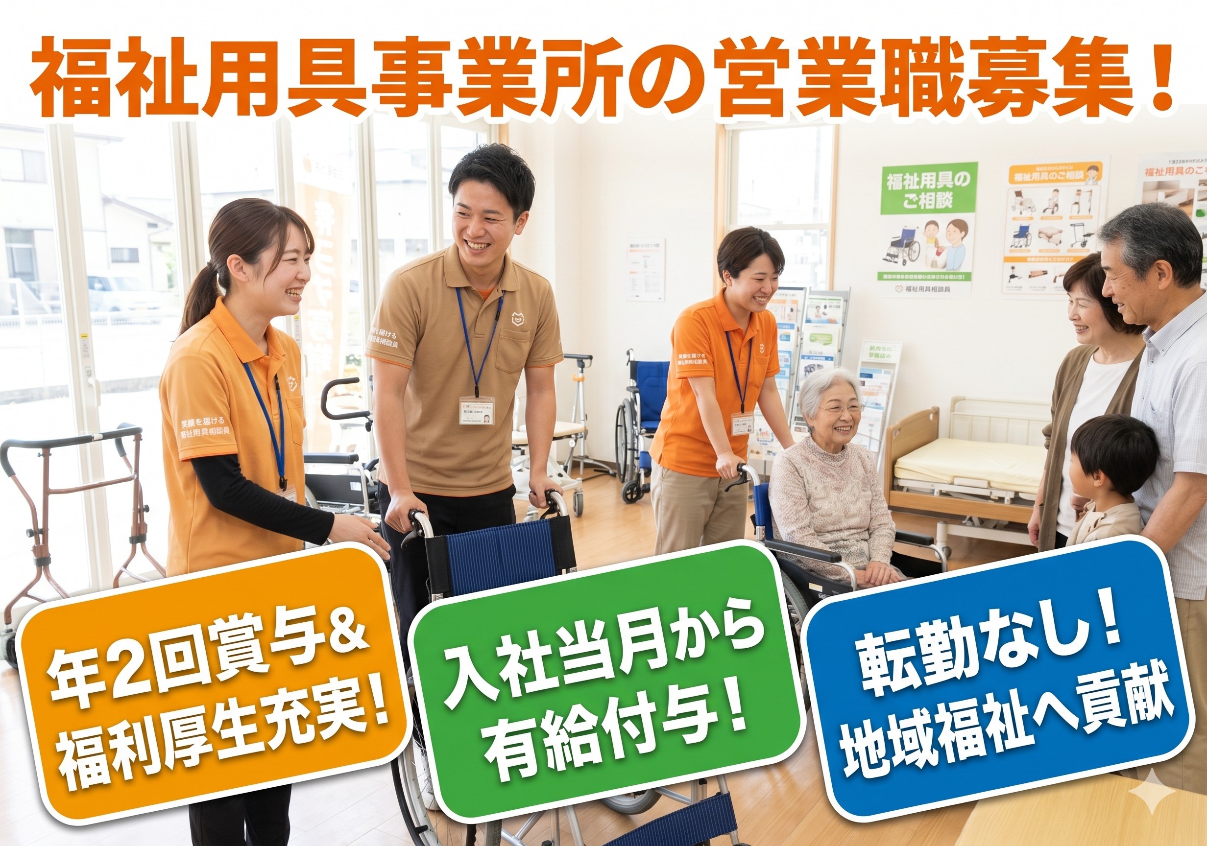 福祉用具事業所の営業職募集　年2回賞与＆福利厚生充実　入社当月から有給付与　転勤なし　地域福祉へ貢献