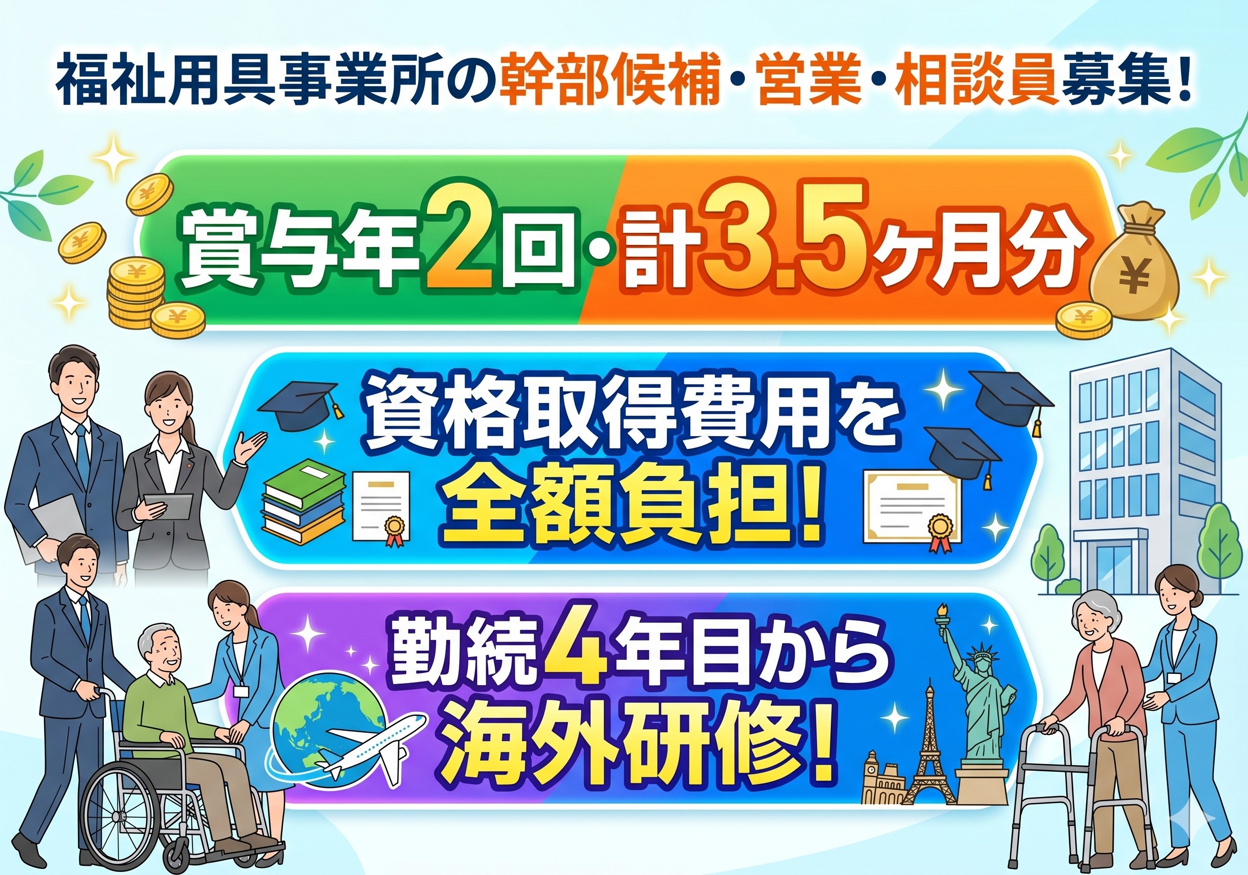 福祉用具事業所の幹部候補・営業・相談員募集　賞与年2回3.5ヶ月分　資格取得費用を全額会社負担　勤続4年目から海外研修