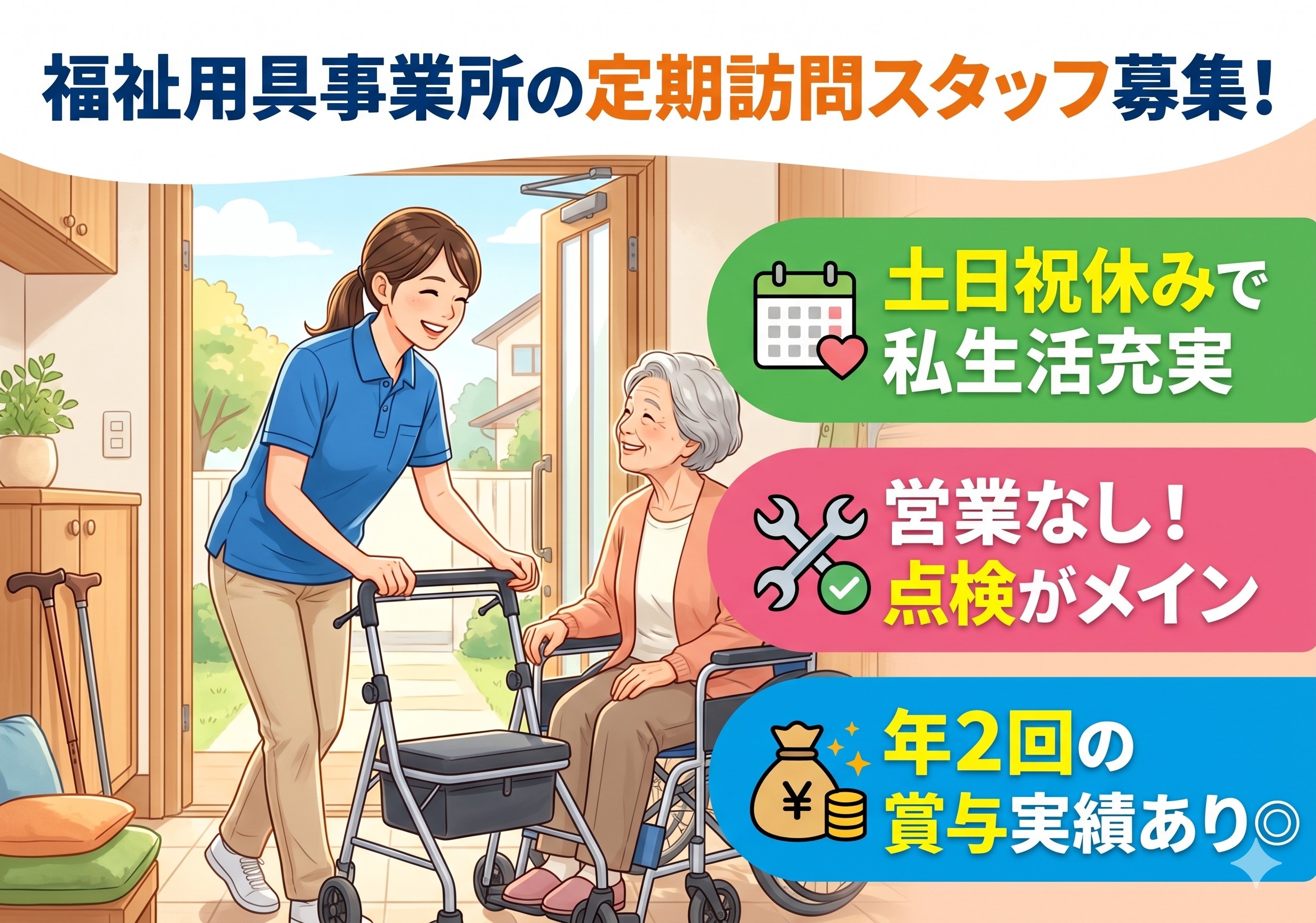 福祉用具事業所の定期訪問スタッフ募集　土日祝休みでプライベート充実　営業無し・点検メイン　年2回の賞与実績あり