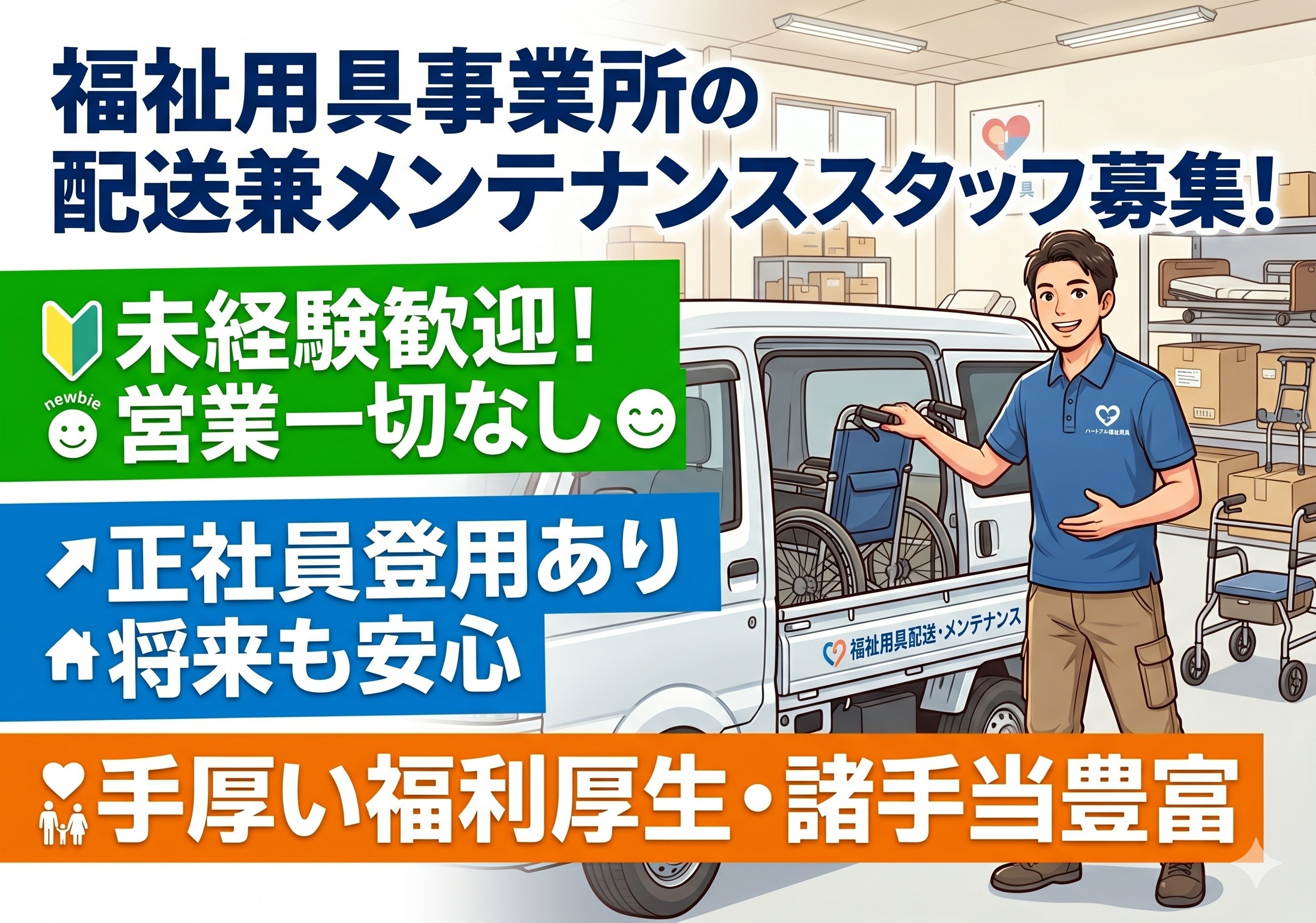 福祉用具事業所の配送兼メンテナンススタッフ募集　未経験歓迎　営業一切なし　正社員登用あり　将来も安心　手厚い福利厚生・諸手当豊富
