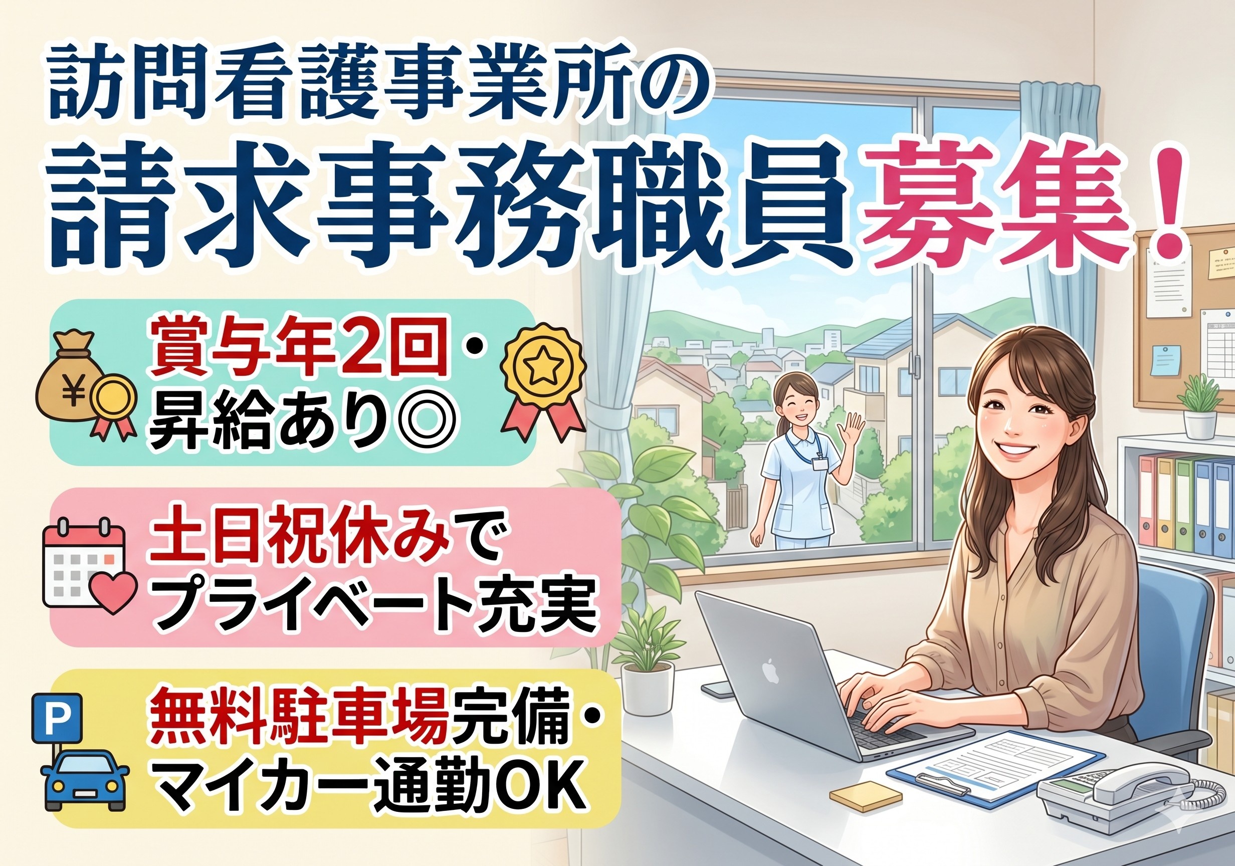 訪問看護事業所の請求事務職員募集　賞与年2回・昇給あり　土日祝休みでプライベート充実　マイカー通勤OK