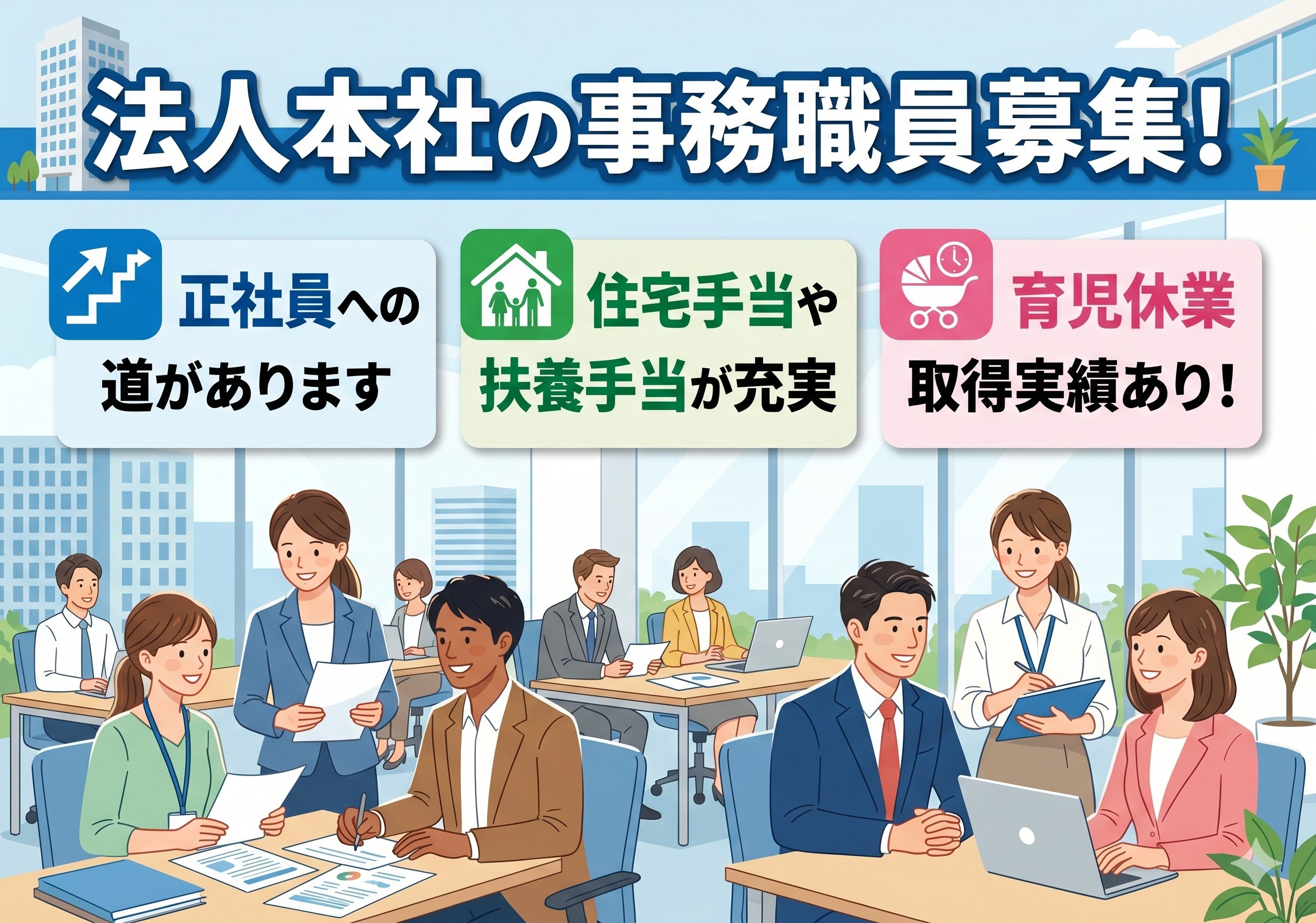 法人本社の事務職員募集　正社員への道があります　住宅手当や扶養手当等手当が充実　育児休業取得実績あり