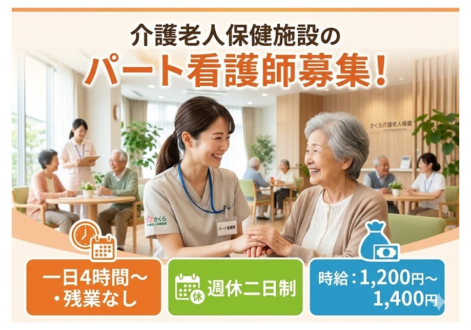 老健　パート看護師募集　一日4時間～・残業なし　週休二日制　時給1,200円～1,400円