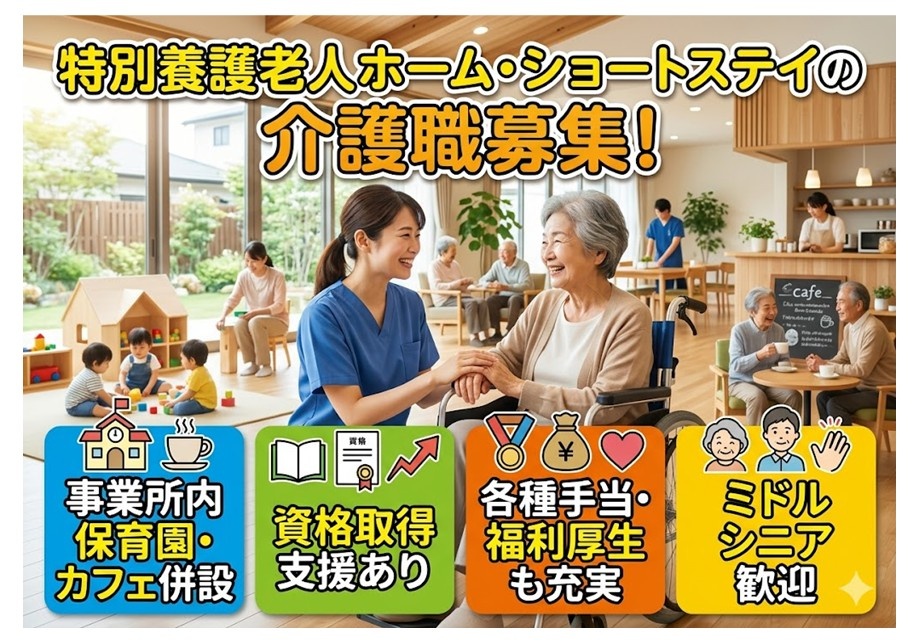 特養・ショートステイの介護職募集　事業所内保育園・カフェ併設　資格取得支援あり　各種手当・福利厚生充実　ミドルシニア歓迎
