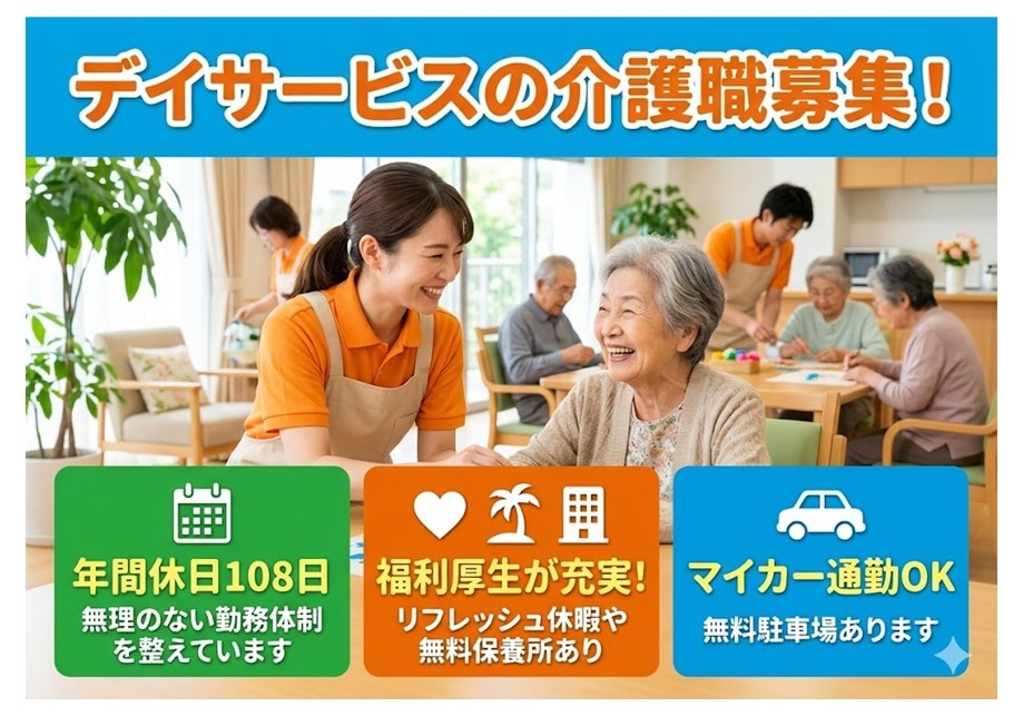 デイサービスの介護職募集　年間休日108日　福利厚生が充実　マイカー通勤OK