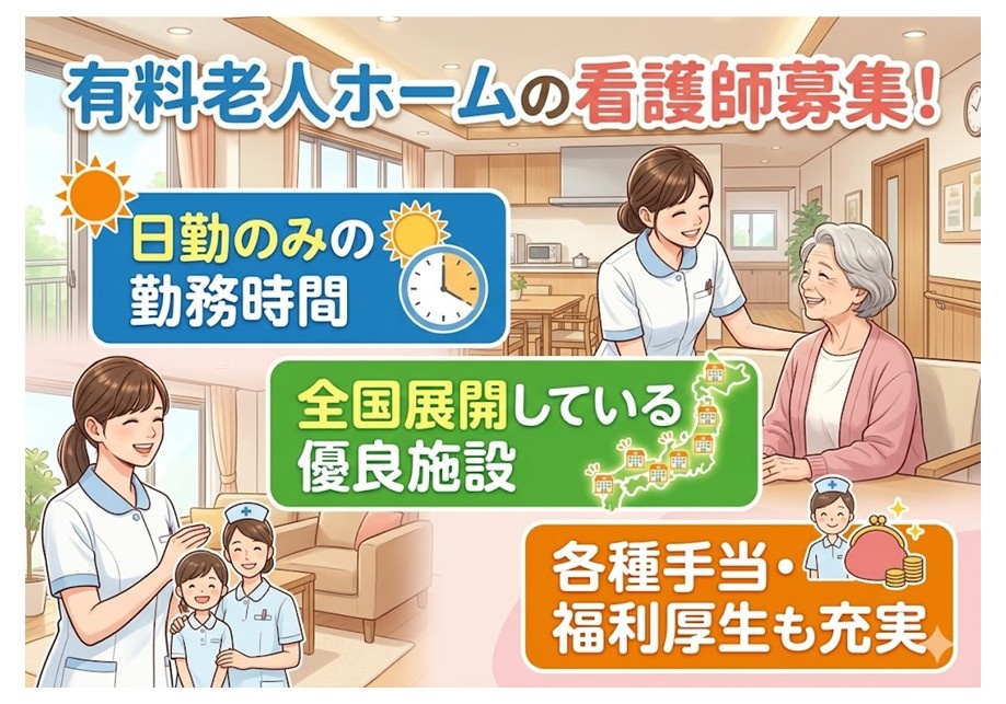 有料老人ホームの看護師募集　日勤のみの勤務時間　全国展開している優良施設　各種手当・福利厚生充実