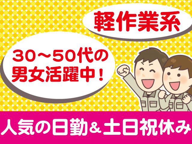 軽作業系。30～50代の男女活躍中！人気の日勤＆土日祝休み。作業着の男女2人のイラスト。