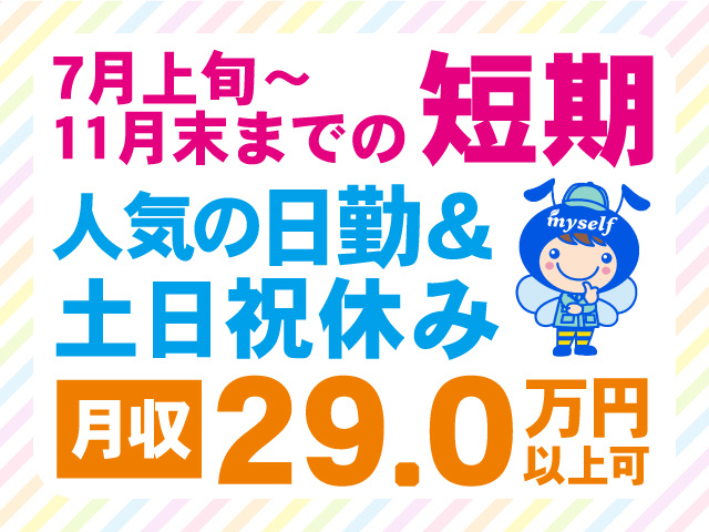 短期　月収29万円以上可　日勤　土日祝休み