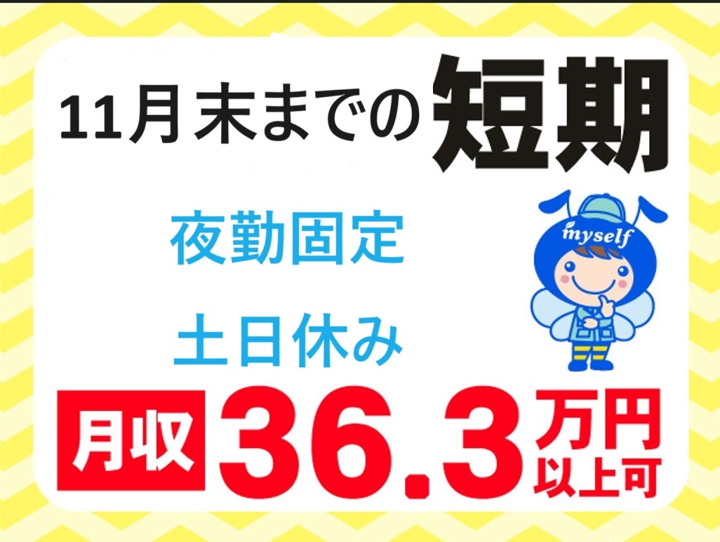 11月末までの短期　夜勤固定、土日祝休み、月収36.3万円