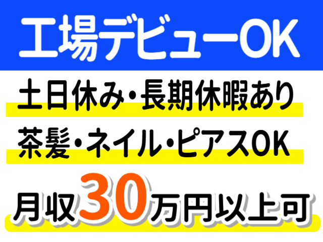 工場デビューOK。土日休み。長期休暇あり。茶髪・ネイル・ピアスOK。月収30万円以上可