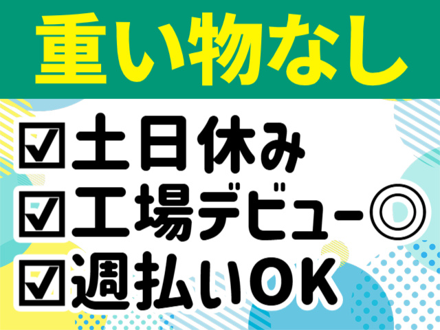 重い物なし。土日休み。工場デビューOK。週払いOK