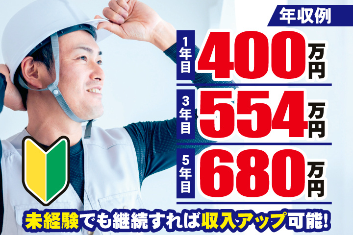 作業服の男性写真　年収例　1年目400万円　3年目554万円　5年目680万円　未経験でも継続すれば収入アップ可能！