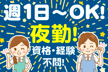 週1日～OK！夜勤！資格・経験不問！エプロンをした男女イラスト