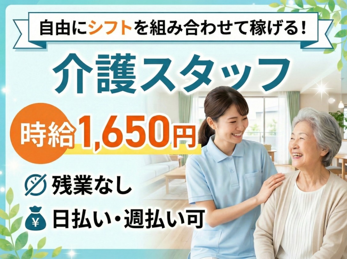 自由にシフトを組み合わせて稼げる！介護スタッフ　時給1,650円　残業なし　日払い・週払い可