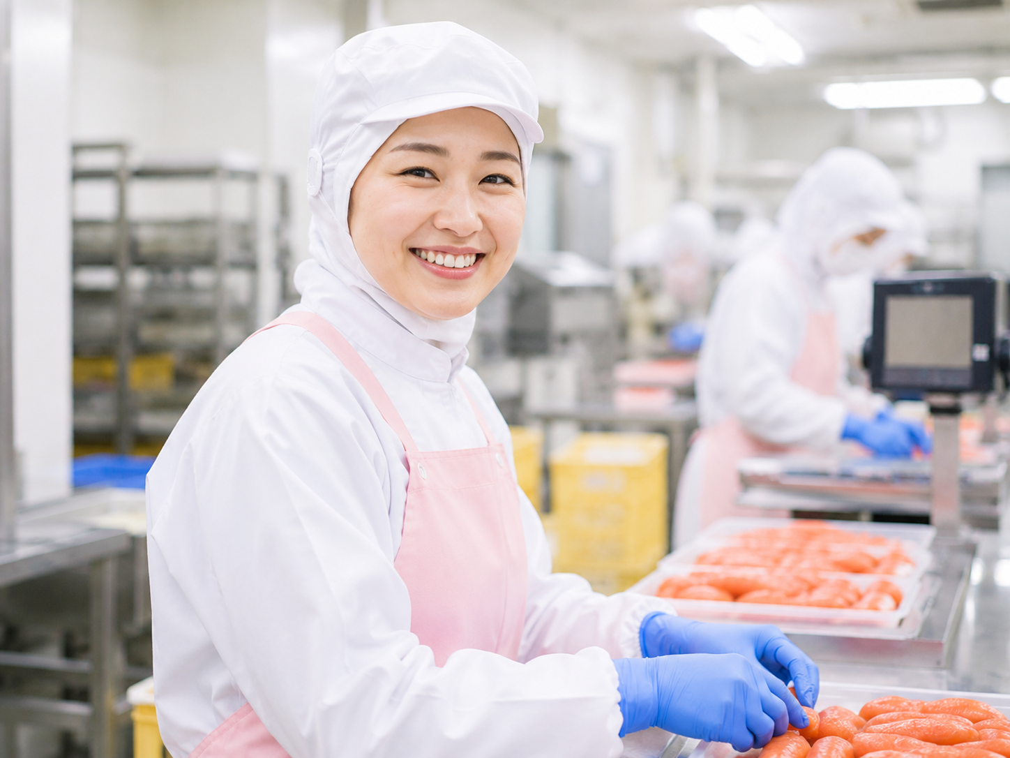 明太子製造／にっこり笑う女性スタッフ